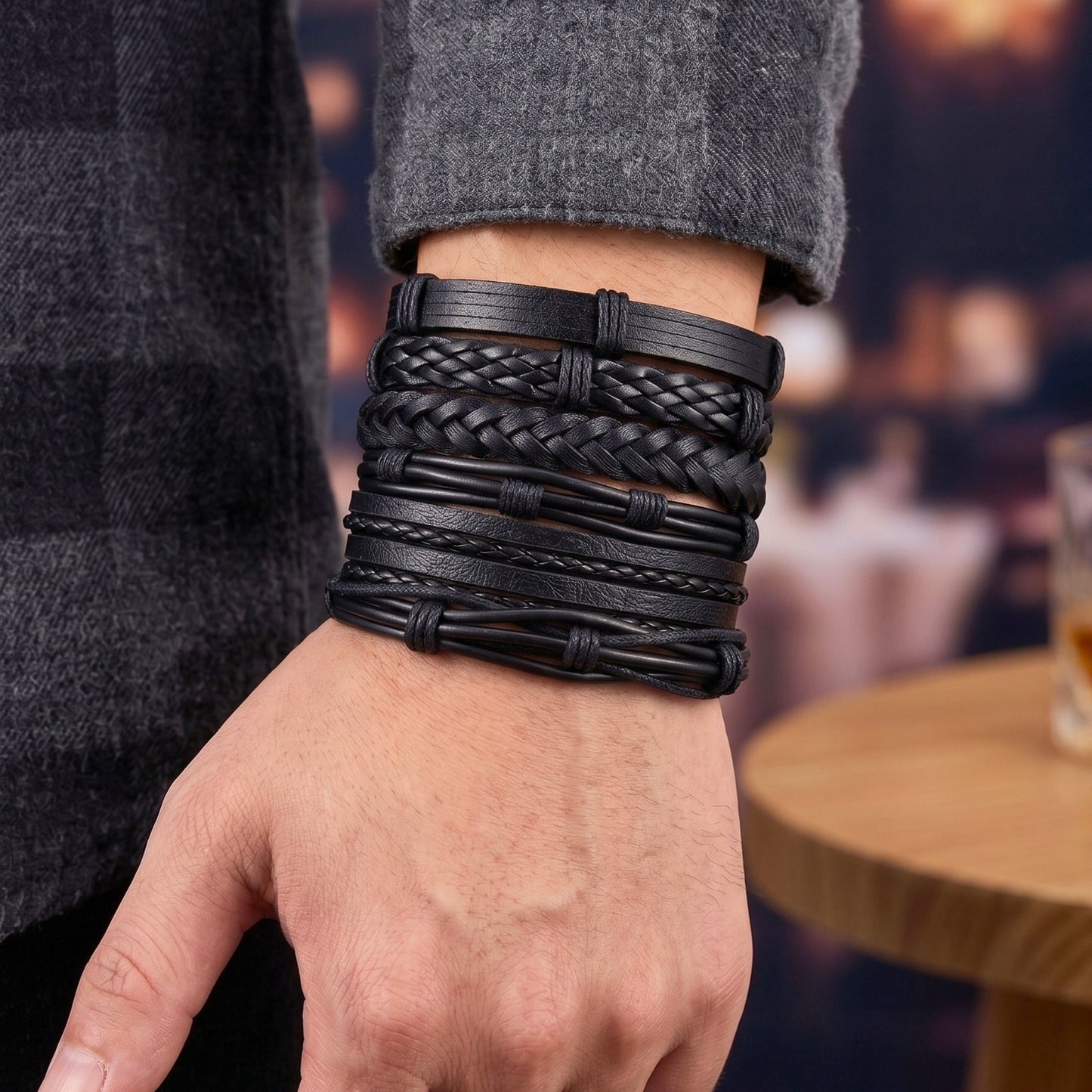 NOIR WEAVE - 6 Pcs Genuine Leather Adjustable Bracelet for Men & Boys