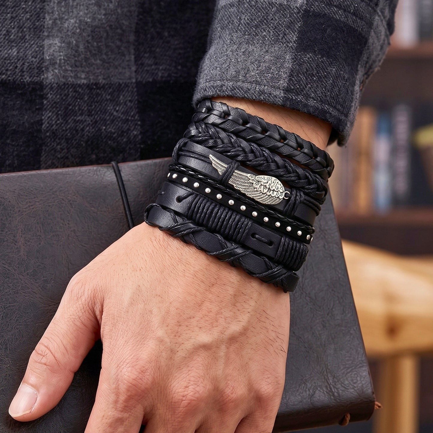 WINGCORE - 6 Pcs Genuine Leather Adjustable Bracelet for Men & Boys