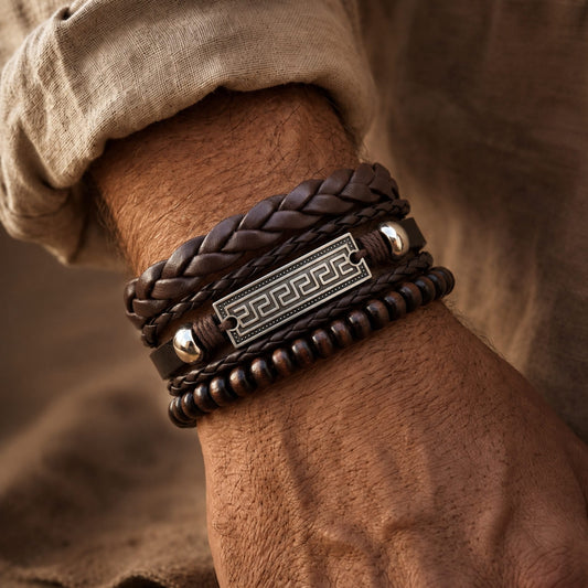 HERITAGE KEY - 3Pcs Genuine Leather Adjustable Bracelets Set for Men & Boys