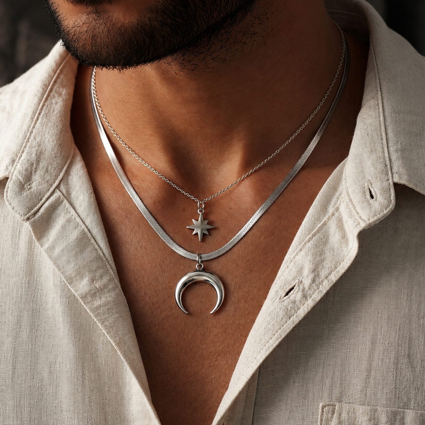 LUNAR STAR - 17mm Titanium Steel Pendant with 15inch to 17inch Adjustable Cable Chain for Men & Boys