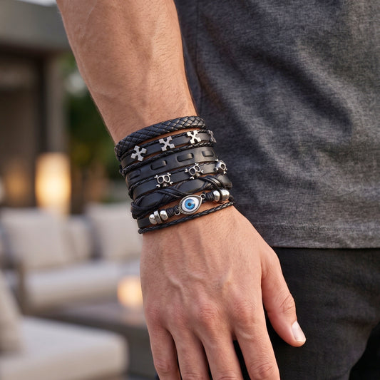 DARK EYE REAPER - 6 Pcs Genuine Leather Adjustable Bracelet for Men & Boys