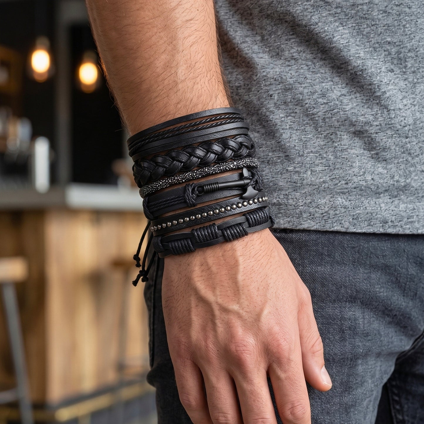 AXEFORGE - 6 Pcs Genuine Leather Adjustable Bracelet for Men & Boys