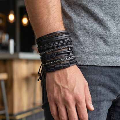 AXEFORGE - 6 Pcs Genuine Leather Adjustable Bracelet for Men & Boys