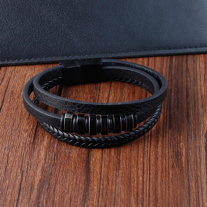 NOIR BRAID BLACK - Genuine Leather Multi-Layer Braided Bracelet with Stainless Steel Magnetic Buckle for Men & Boys (8 inch)