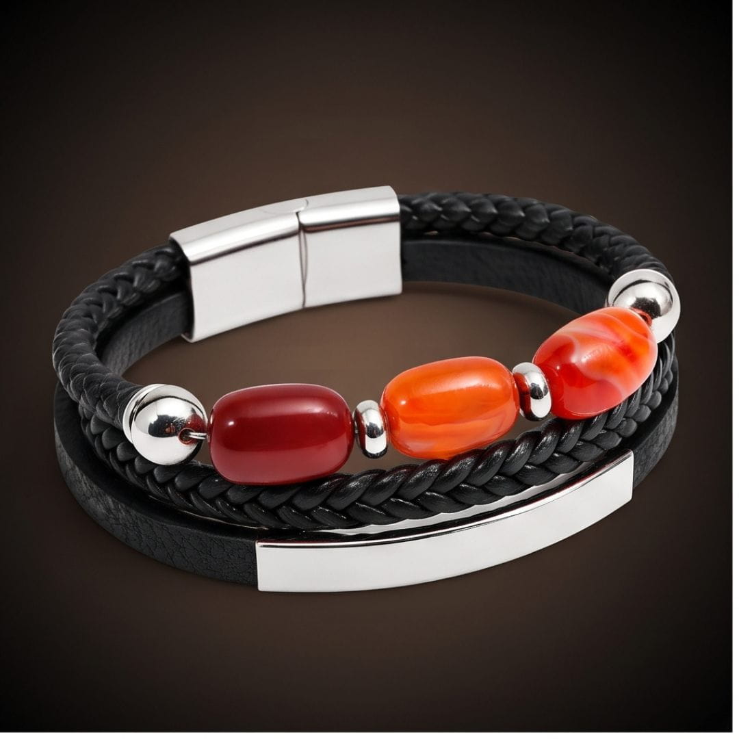 ENGRAVED - CRIMSON TRIO BLACK - 22mm Genuine Leather Multi-Layer Bracelet with Stainless Steel Magnetic Buckle for Men & Boys (8 inch)