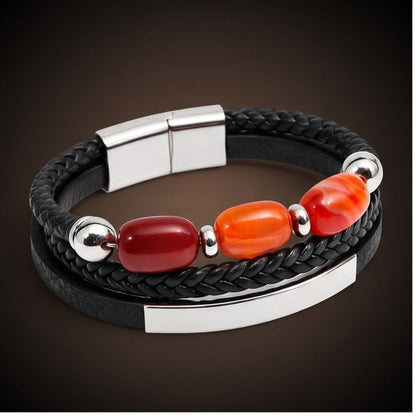 ENGRAVED - CRIMSON TRIO BLACK - 22mm Genuine Leather Multi-Layer Bracelet with Stainless Steel Magnetic Buckle for Men & Boys (8 inch)