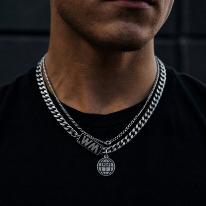 WORLD GRID - 13mm Titanium Steel Pendant with 18inch to 20inch Adjustable Cable Chain for Men & Boys