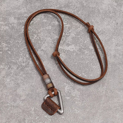 Trigon Brown - Vintage Alloy Triangle Pendant With Adjustable Pure Leather Cord Necklace For Men &