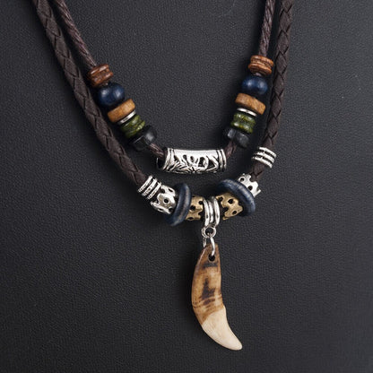 Bohemian Wolf Tooth - Wolf Tooth Pendant With Beaded Multilayer Adjustable Rope Necklace For Men And
