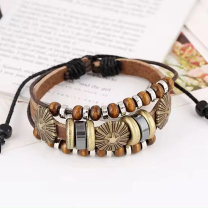 TERRA BROWN - Genuine Leather Multi-Layer Beads Bracelet with Adjustable  Rope for Men & Boys
