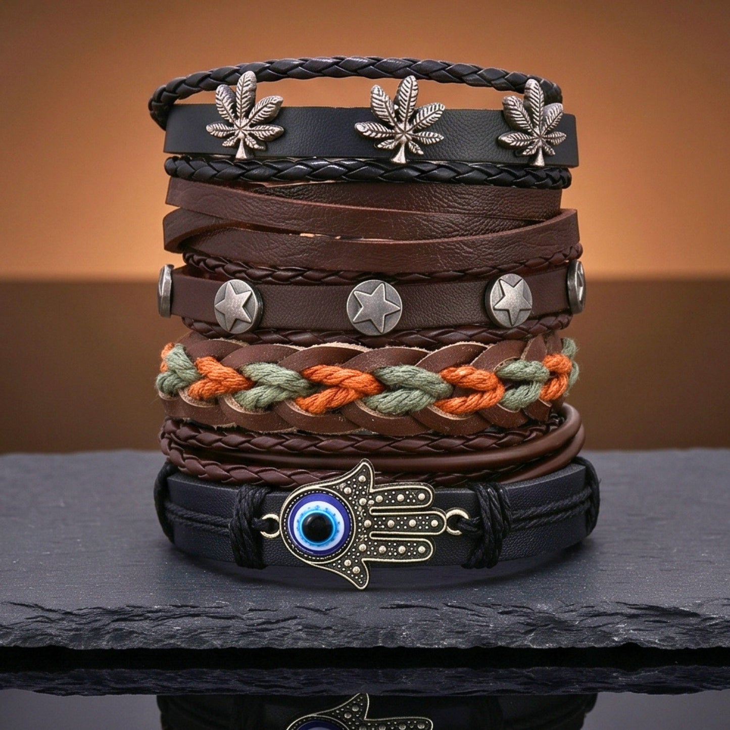 HAMSA CORE - 6 Pcs Genuine Leather Adjustable Bracelet for Men & Boys