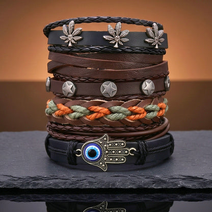 HAMSA CORE - 6 Pcs Genuine Leather Adjustable Bracelet for Men & Boys