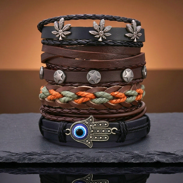 HAMSA CORE - 6 Pcs Genuine Leather Adjustable Bracelet for Men & Boys