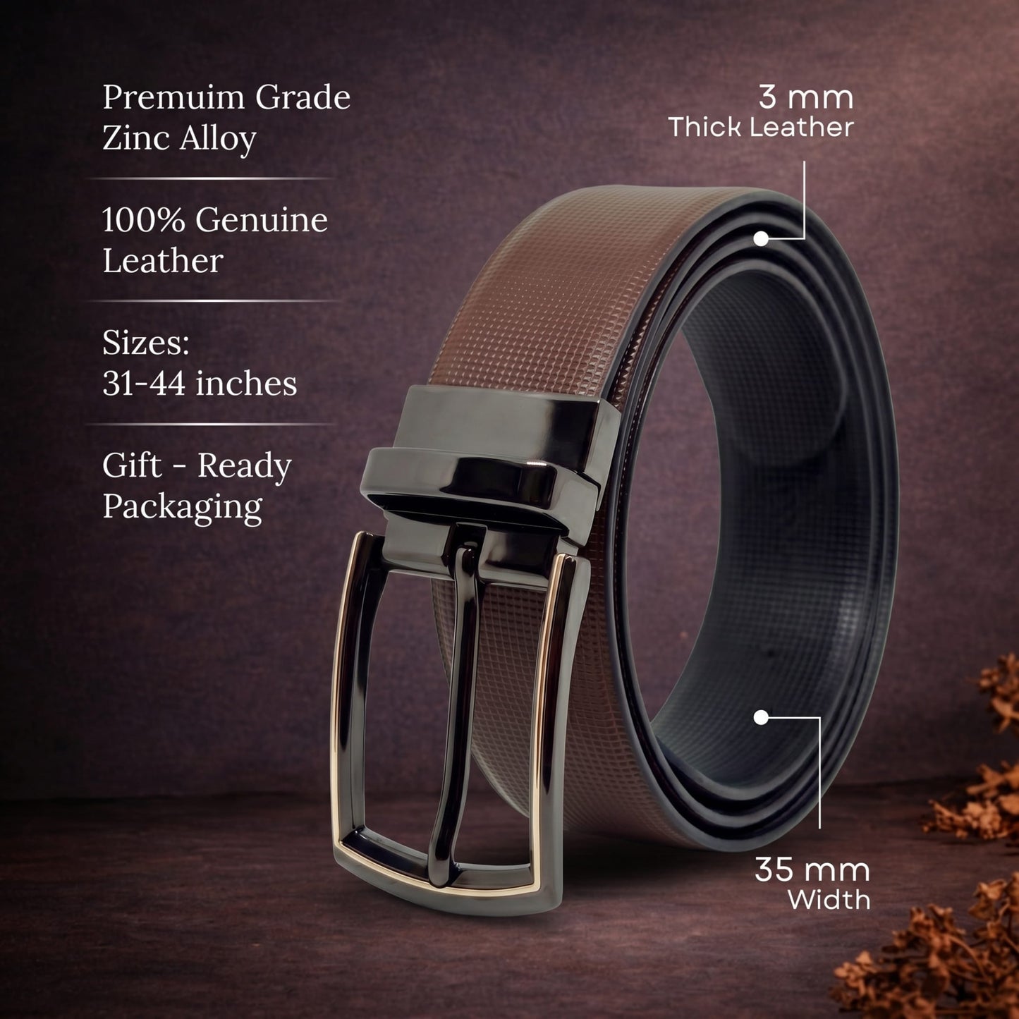 Mens Genuine Leather Belt | 2 in 1 Reversible (Brown & Black) (1 Pc.) - NEXVIOR