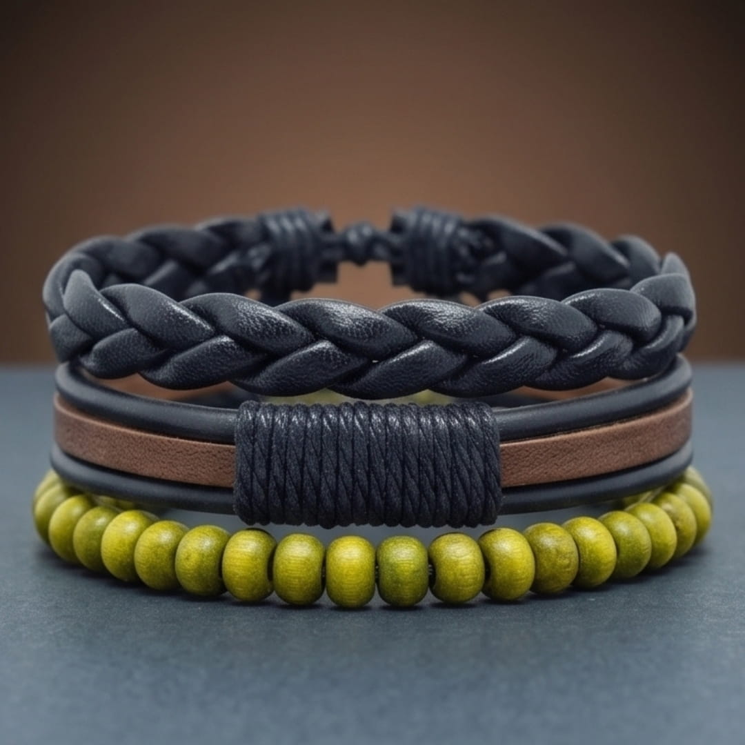 GROVE EDGE - 3Pcs Genuine Leather Adjustable Bracelets Set for Men & Boys