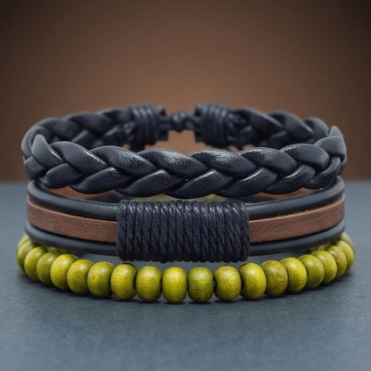 GROVE EDGE - 3Pcs Genuine Leather Adjustable Bracelets Set for Men & Boys