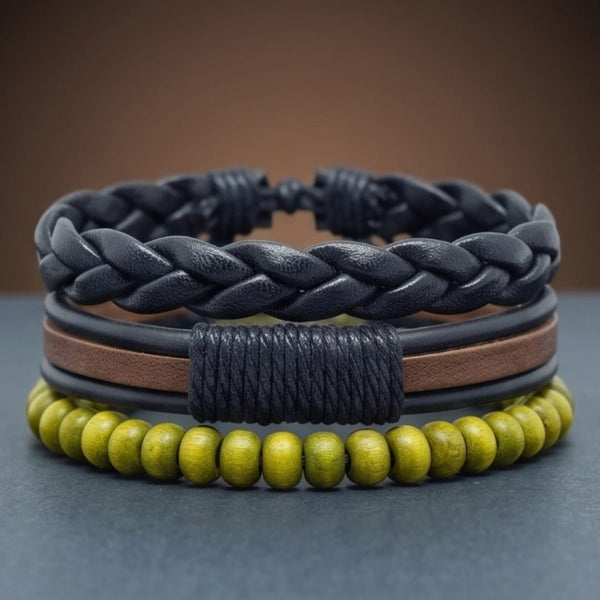 GROVE EDGE - 3Pcs Genuine Leather Adjustable Bracelets Set for Men & Boys