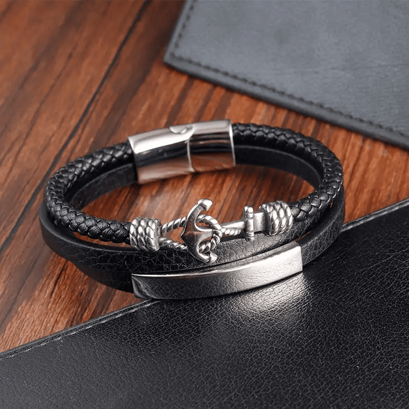 NAUTICAL ANCHOR BLACK - Genuine Leather Multi-Layer Braided Bracelet with Stainless Steel Magnetic Buckle for Men & Boys (8 inch)