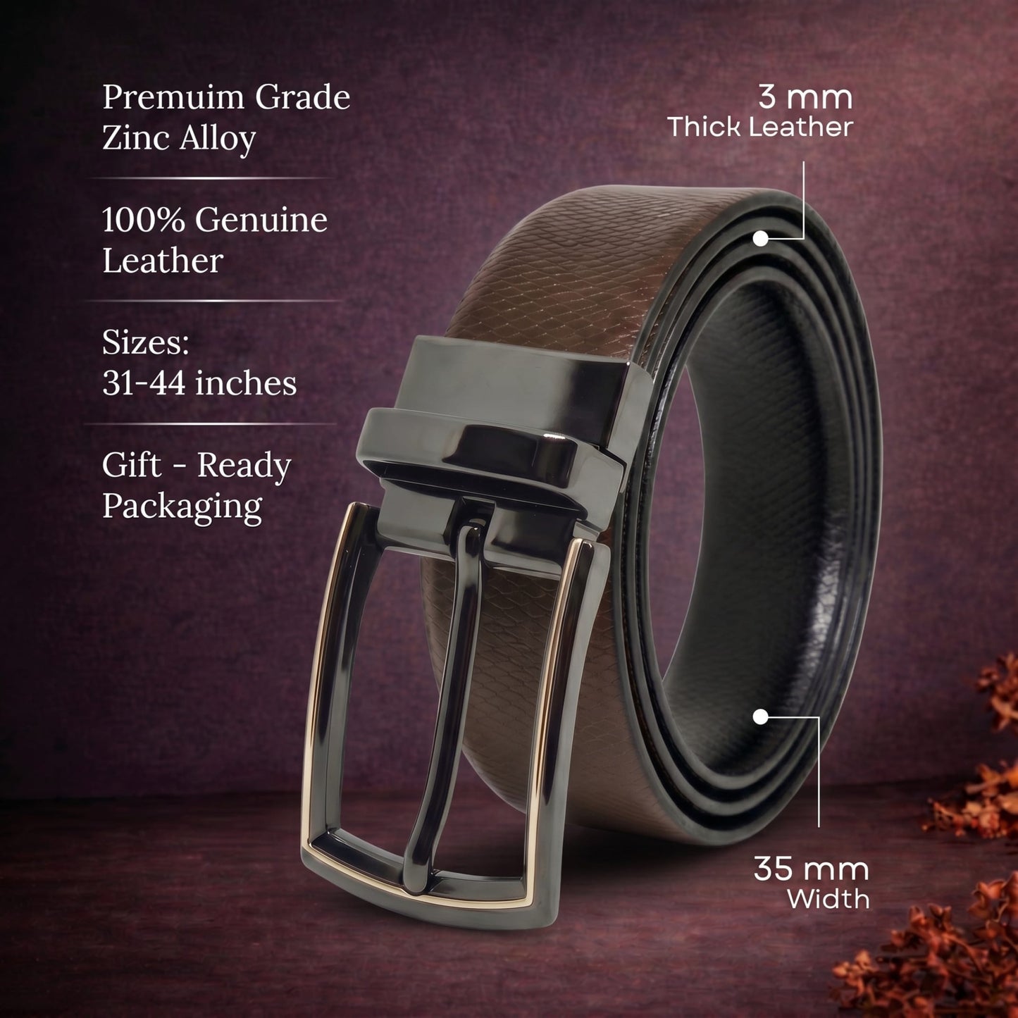 Mens Genuine Leather Belt | 2 in 1 Reversible (Brown & Black) (1 Pc.) - REXVA