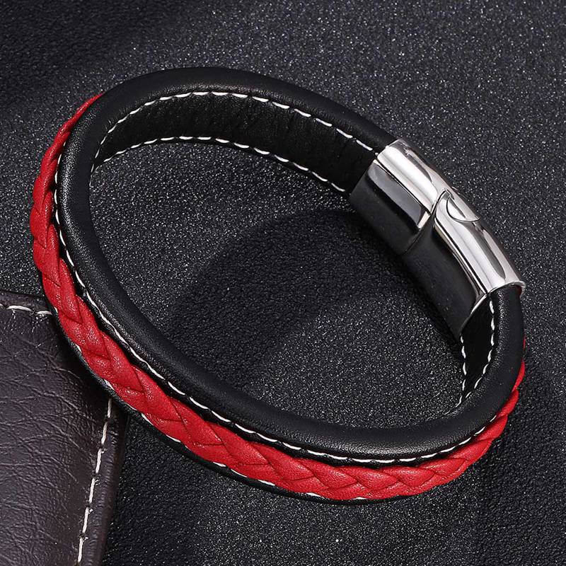 LUNAR MYSTERY RED - Genuine Leather Layer Braided Bracelet with Stainless Steel Magnetic Buckle for Men & Boys (8 inch)