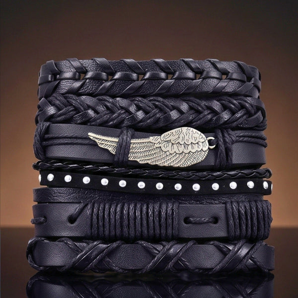 WINGCORE - 6 Pcs Genuine Leather Adjustable Bracelet for Men & Boys