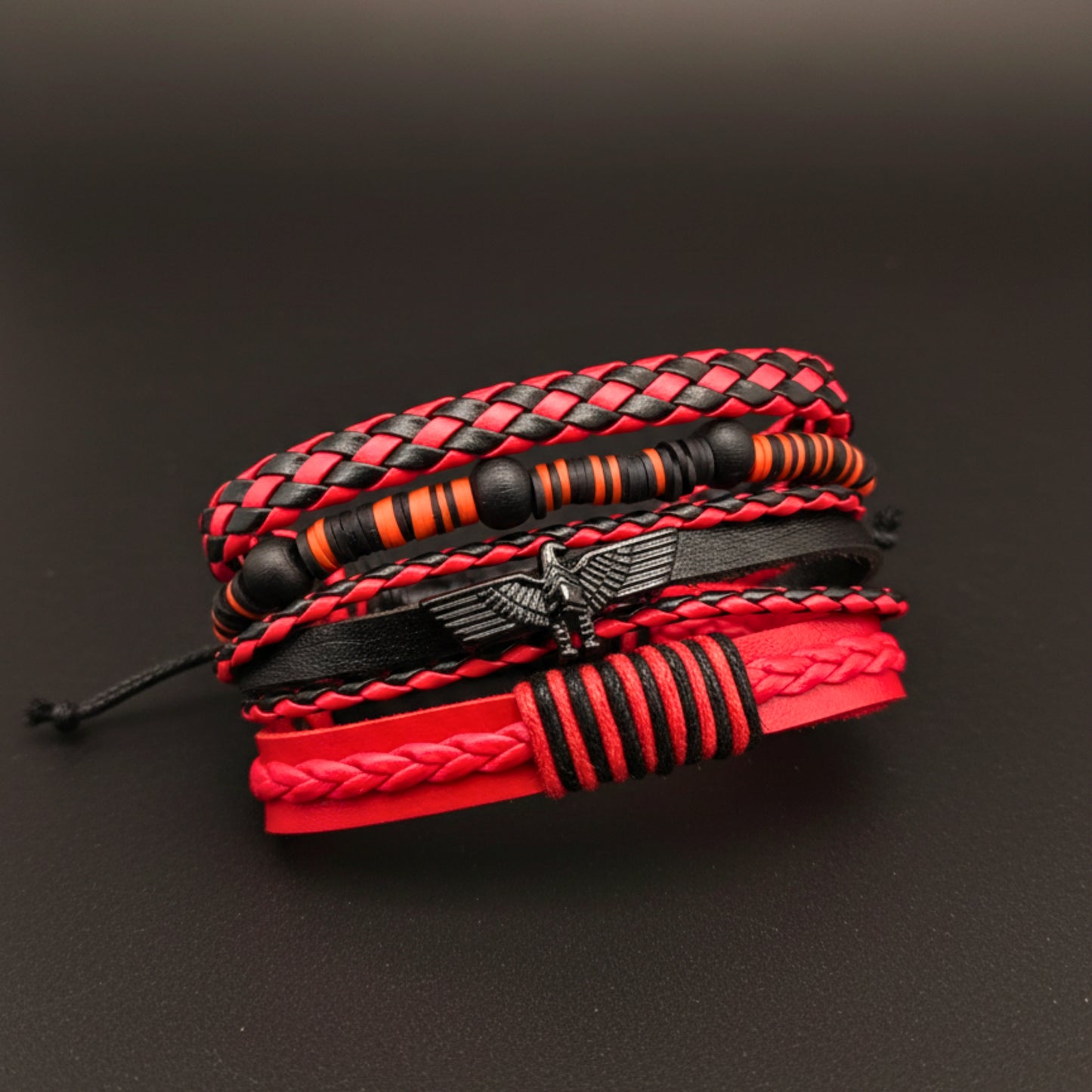 CRIMSON FURY - 4 Pcs Genuine Leather Adjustable Bracelet Set for Men & Boys (8 inch)