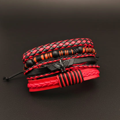 CRIMSON FURY - 4 Pcs Genuine Leather Adjustable Bracelet Set for Men & Boys (8 inch)