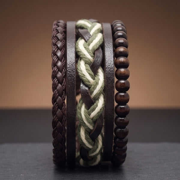 MOSS RIDGE - 3Pcs Genuine Leather Adjustable Bracelets Set for Men & Boys