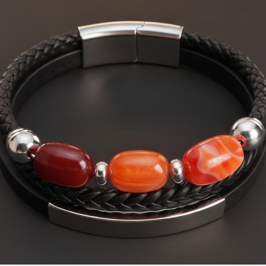 ENGRAVED - CRIMSON TRIO BLACK - 22mm Genuine Leather Multi-Layer Bracelet with Stainless Steel Magnetic Buckle for Men & Boys (8 inch)