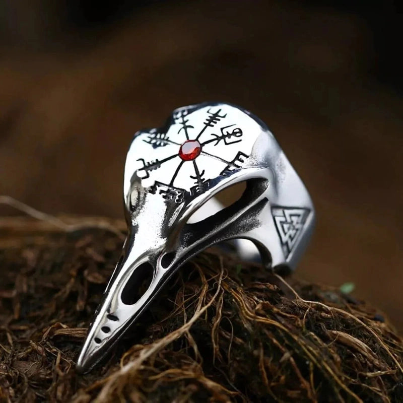Crow Skull Viking - Titanium Steel Ring With Red Stone Size 17-21- 24)