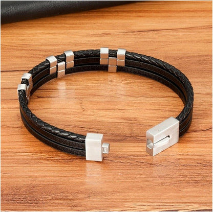 SINEW BLACK - Genuine Leather Multi-Layer Braided Bracelet with Stainless Steel Open Box Clasps for Men & Boys (8 inch)