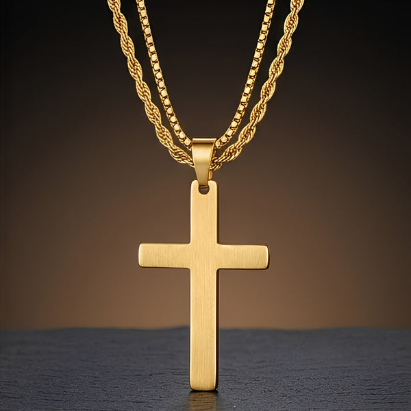 FAITH LAYER GOLDEN - 27mm Titanium Steel Pendant with 23inch Round Box and Twisted 4mm Chain for Men & Boys