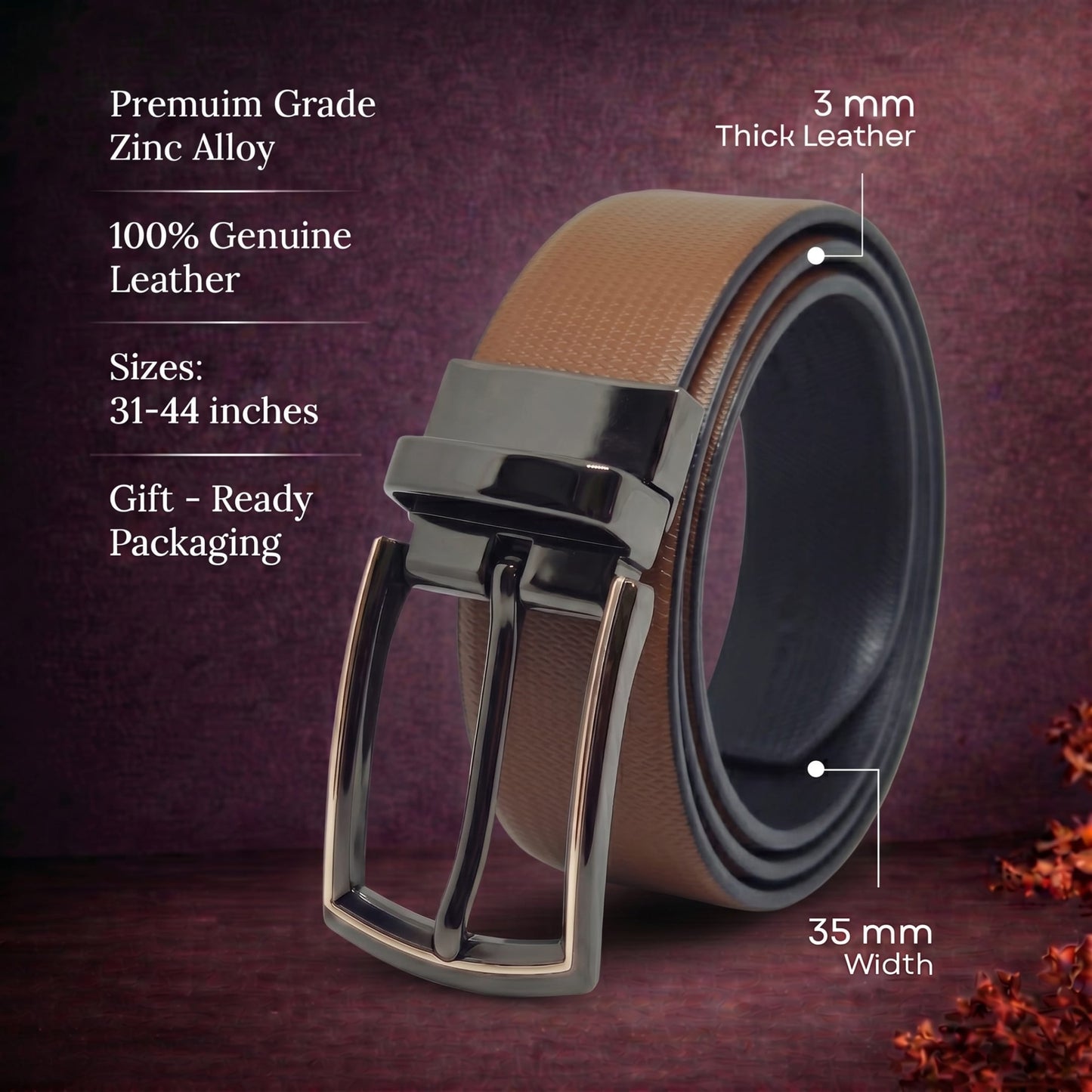 Mens Genuine Leather Belt | 2 in 1 Reversible (Brown & Black) (1 Pc.) - SIGNORA