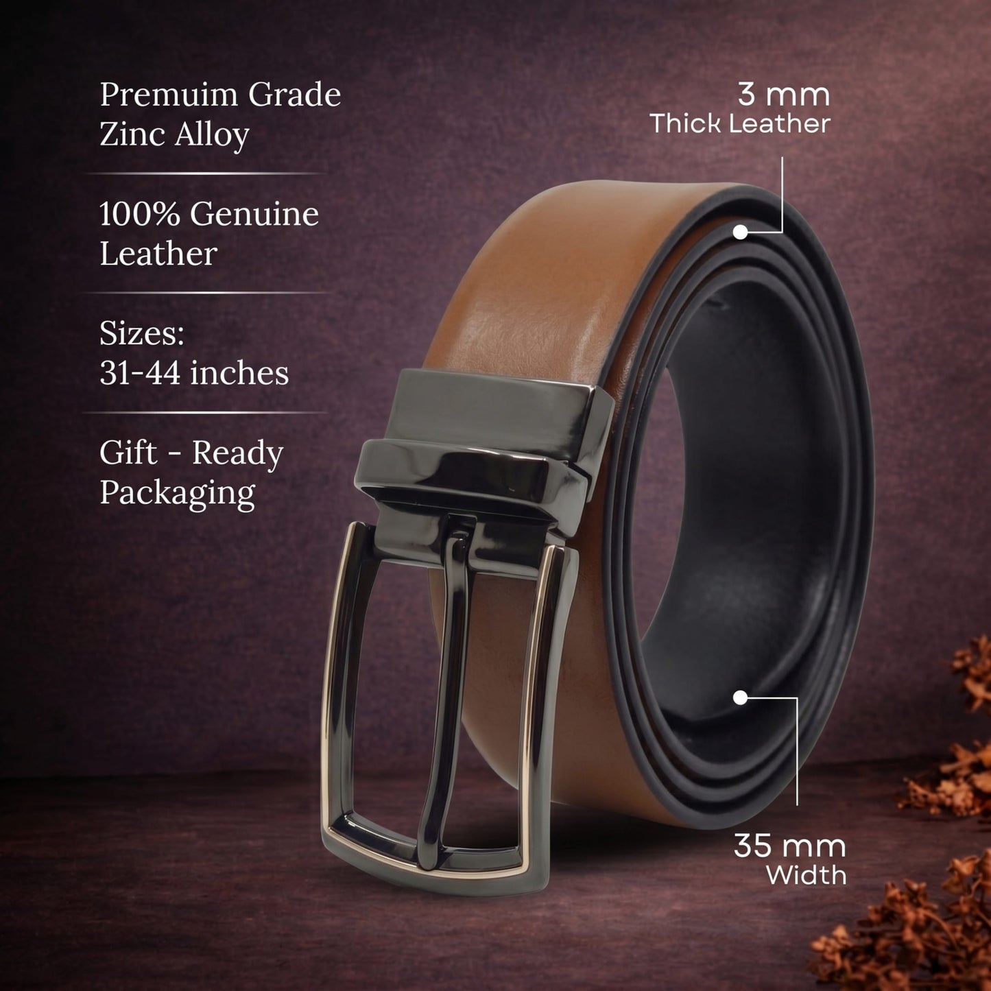 Mens Genuine Leather Belt | 2 in 1 Reversible (Brown & Black) (1 Pc.) - VELARO