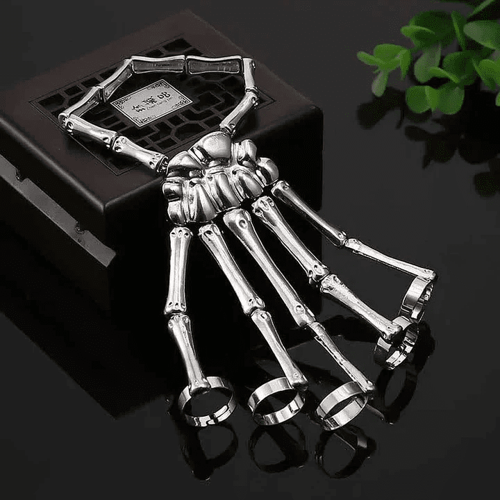 Skeleton Hand - Full Hand Skeleton Bracelet With Ring Metal Elasticity Adjustable For Men & Boys