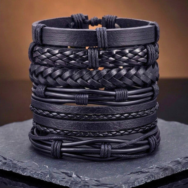 NOIR WEAVE - 6 Pcs Genuine Leather Adjustable Bracelet for Men & Boys