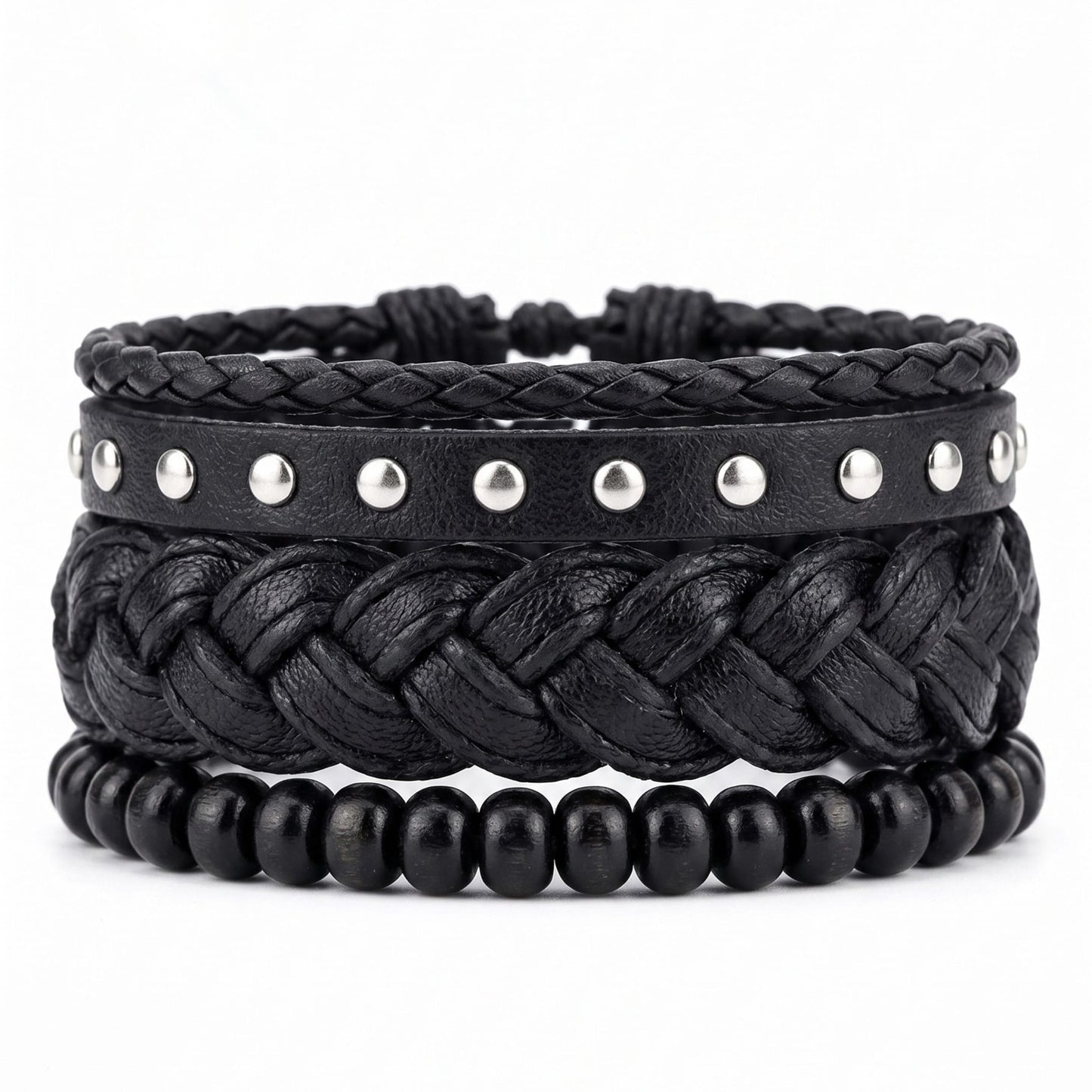 RIVET BRAID - 3Pcs Genuine Leather Adjustable Bracelets Set for Men & Boys