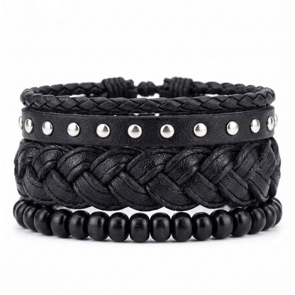 RIVET BRAID - 3Pcs Genuine Leather Adjustable Bracelets Set for Men & Boys