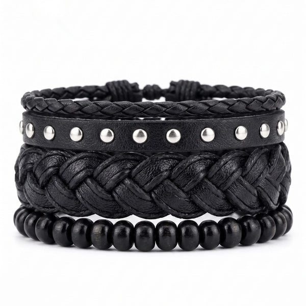 RIVET BRAID - 3Pcs Genuine Leather Adjustable Bracelets Set for Men & Boys