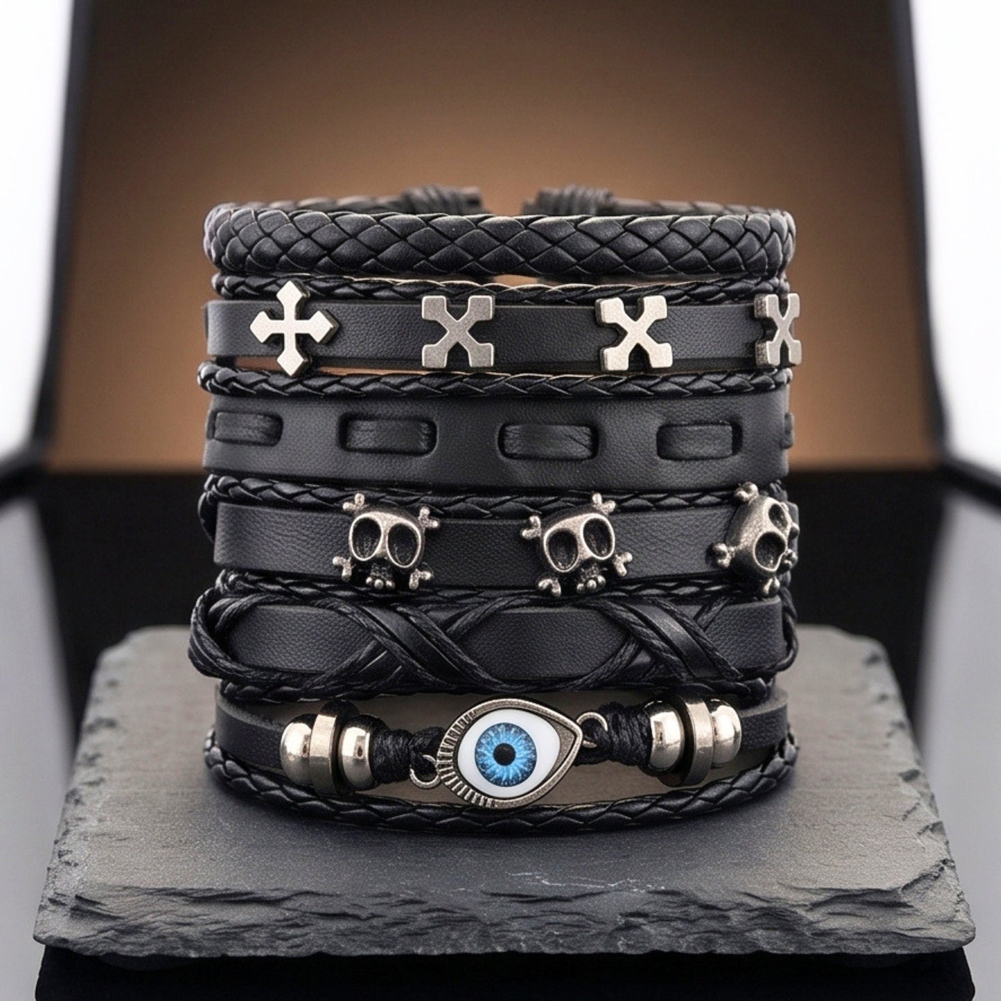 DARK EYE REAPER - 6 Pcs Genuine Leather Adjustable Bracelet for Men & Boys