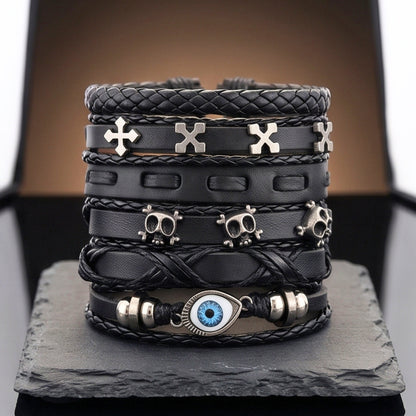 DARK EYE REAPER - 6 Pcs Genuine Leather Adjustable Bracelet for Men & Boys