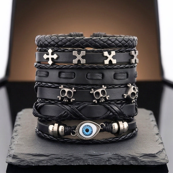 DARK EYE REAPER - 6 Pcs Genuine Leather Adjustable Bracelet for Men & Boys