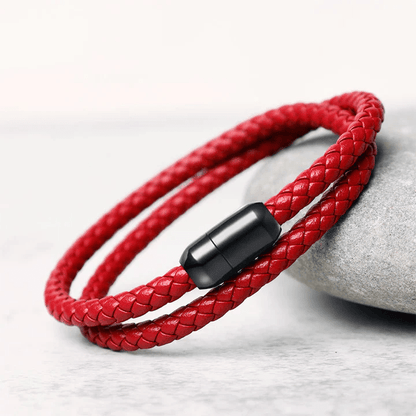 STARRY TWINE RED - American Style Genuine Braided Leather Bracelet with Stainless Steel Clasp Magnetic Buckle for Men & Boy (8 inch)