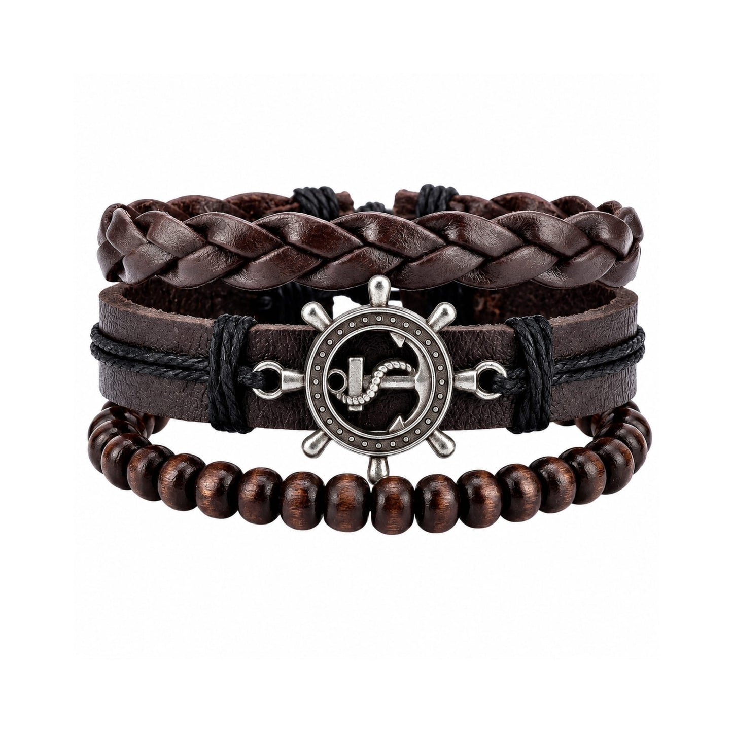 ANCHOR WHEEL - 3Pcs Genuine Leather Adjustable Bracelets Set for Men & Boys
