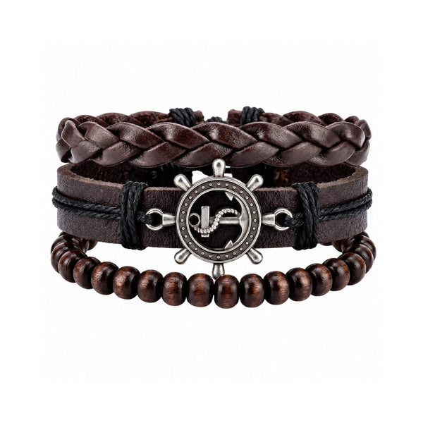 ANCHOR WHEEL - 3Pcs Genuine Leather Adjustable Bracelets Set for Men & Boys