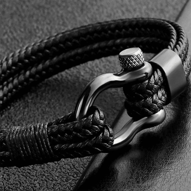 HORSESHOE BUCKLE BLACK - Genuine Leather Braided Bracelet with Stainless Steel Adjustable Clasp Pin for Men & Boys (8 inch)