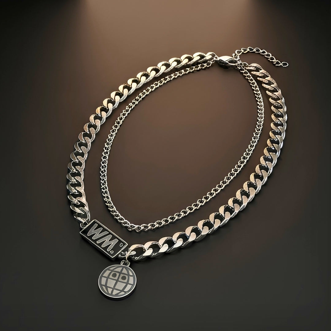 WORLD GRID - 13mm Titanium Steel Pendant with 18inch to 20inch Adjustable Cable Chain for Men & Boys