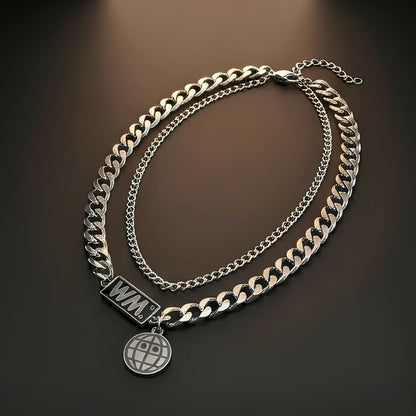 WORLD GRID - 13mm Titanium Steel Pendant with 18inch to 20inch Adjustable Cable Chain for Men & Boys
