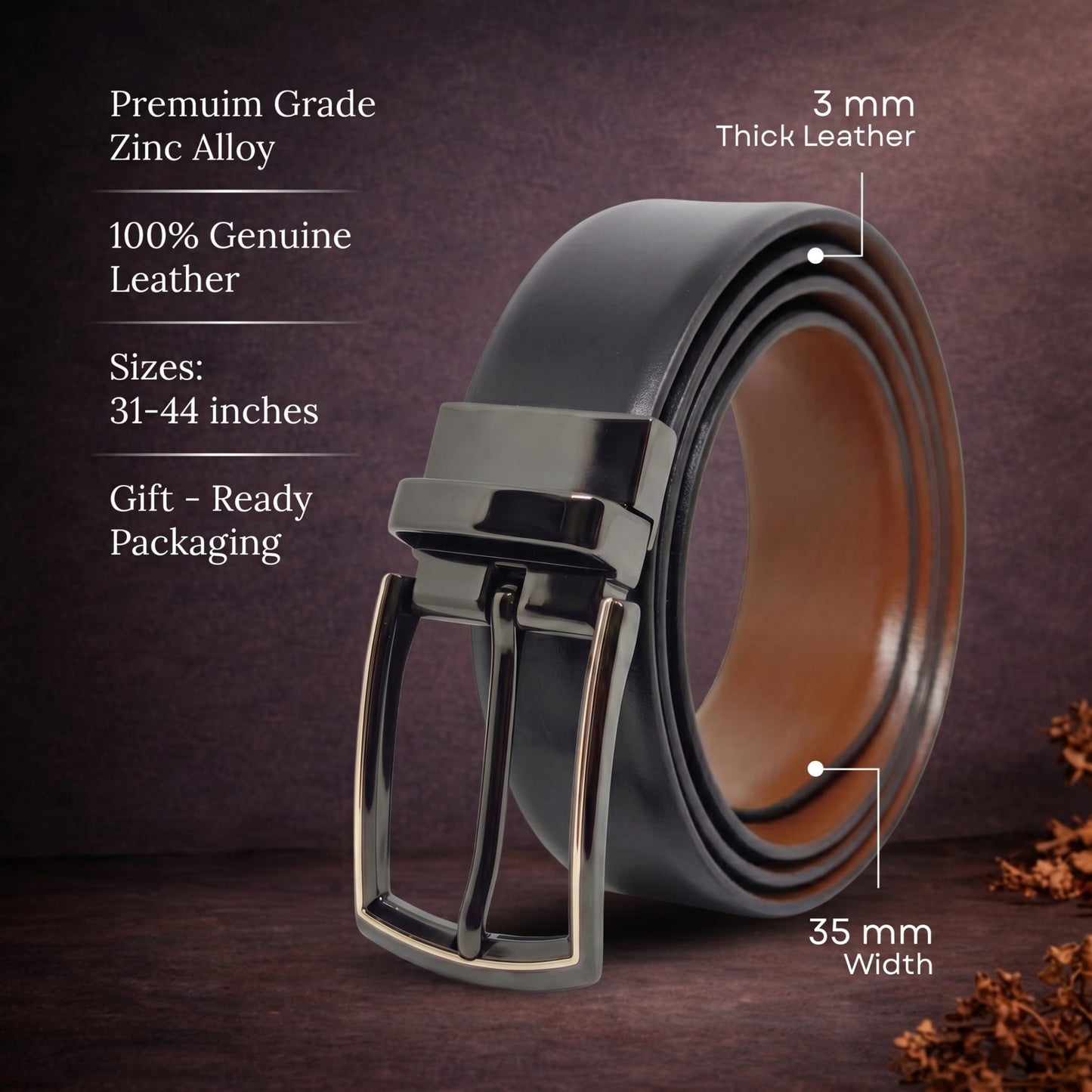 Mens Genuine Leather Belt | 2 in 1 Reversible (Black & Brown) (1 Pc.) - VELARO