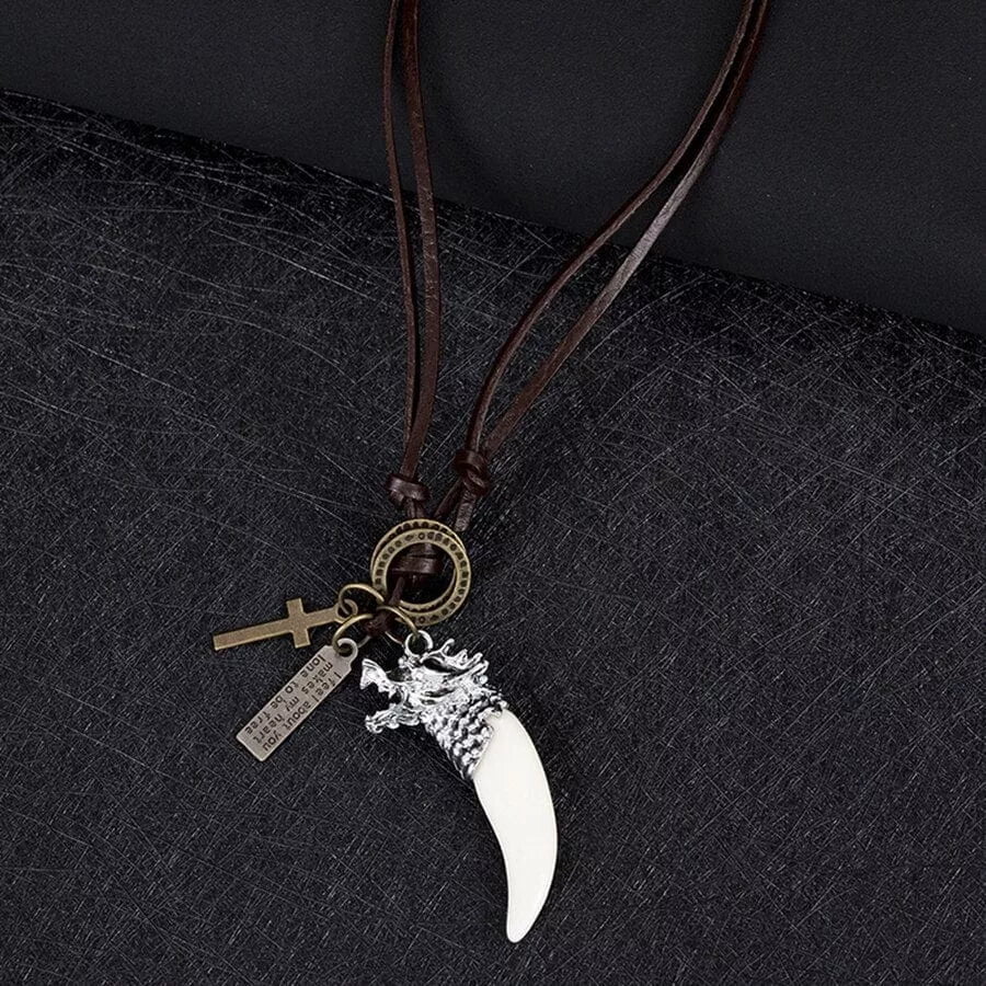White Wolf Tooth - Leather Necklace For Men Vintage Pendant With Adjustable Pure Cord & Boys